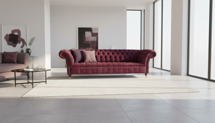 Sofa 3 Sitzer Chesterfield Sofas Couchen Wohnzimmer Design Textil Stoff Bordaux