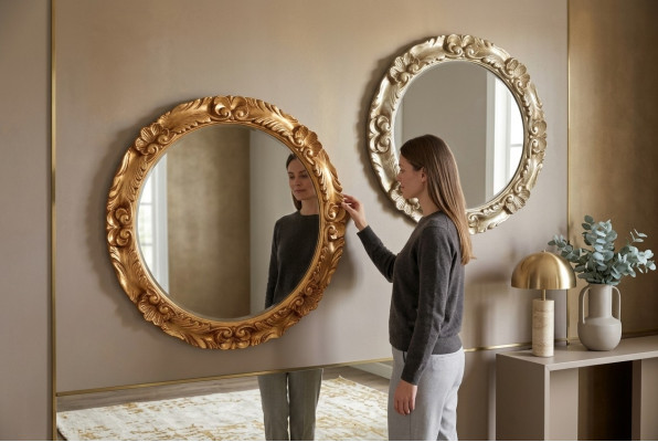 Klasické zrcadlo na zeď se dřevěným rámkem, zrcadlová, kulatá, 65 cm, sklo, design, nová