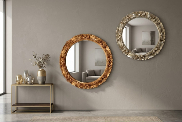 Klasické zrcadlo na zeď se dřevěným rámkem, zrcadlová, kulatá, 65 cm, sklo, design, nová