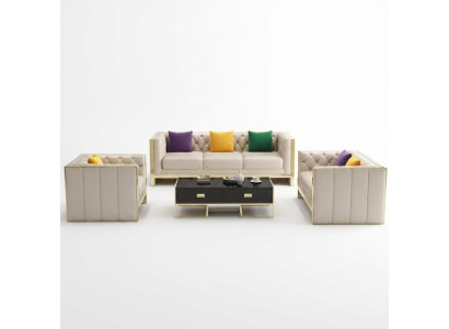 Beige Chesterfield Sofagarnitur 3+2 Sitzer Polstersofas Leder Wohnzimmer Garnitur