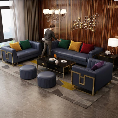 Blaue Sofagarnitur Leder 3+2 Sitzer Set Polstersofas Wohnzimmer Couchen