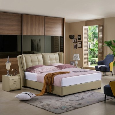 Klassisches Schlafzimmer Bett Beige Textil Betten Leder Polster Doppel 180x200cm.