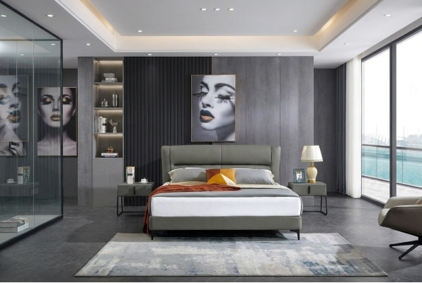 Schlafzimmer Lederbett Komplettes Bett 3 tlg. Garnitur Hotel Sets Nachttischen.