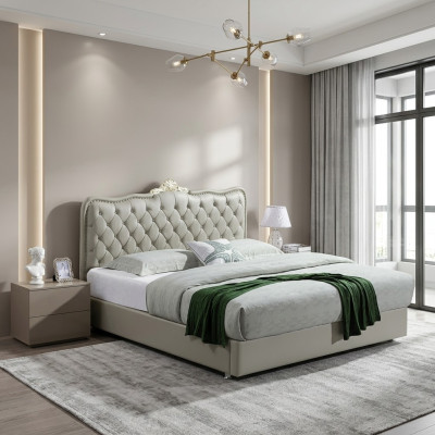 Lederbett Schlafzimmer Komplettes Bett 3 tlg. Garnitur Hotel Sets Nachttischen.