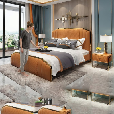 Design Lederbett Schlafzimmer 3tlg. Set 2x Nachttisch Betten Luxus Möbel