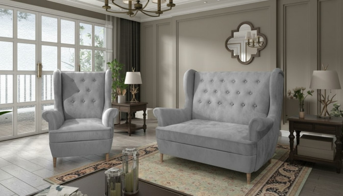 Graue Stoff Chesterfield Sofagarnitur 2+1 Sitzer Sofa Couch Polster Samt