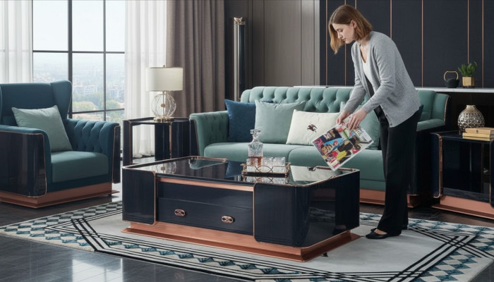 Kávový stůl z hnědého dřeva, elegantní stoly moderního designu, luxusní nábytek do obývacího pokoje.