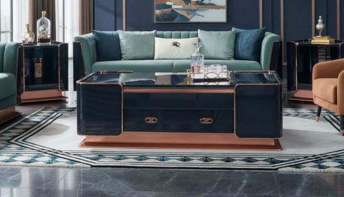 Kávový stůl z hnědého dřeva, elegantní stoly moderního designu, luxusní nábytek do obývacího pokoje.