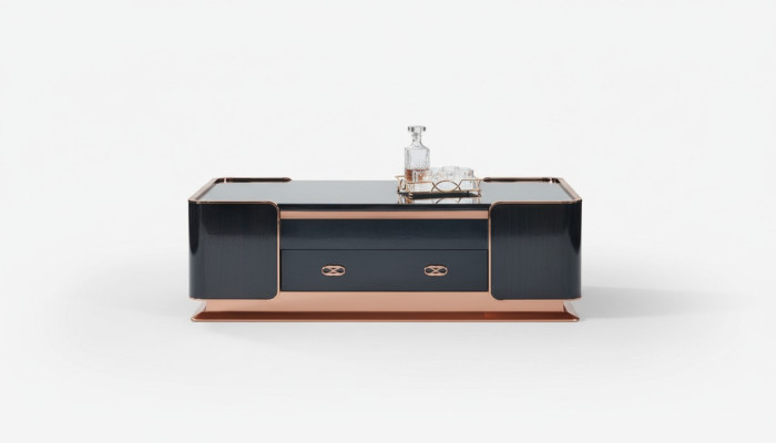 Kávový stůl z hnědého dřeva, elegantní stoly moderního designu, luxusní nábytek do obývacího pokoje.
