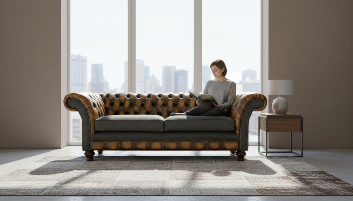 Chesterfield Žlutá kůže Designér Moderní Design Nábytek Luxus Obývací pokoj 3místná sedačka