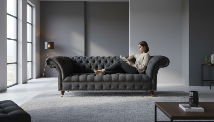 Chesterfield 3místná textilní pohovka šedá moderní design nábytek designérská pohovka