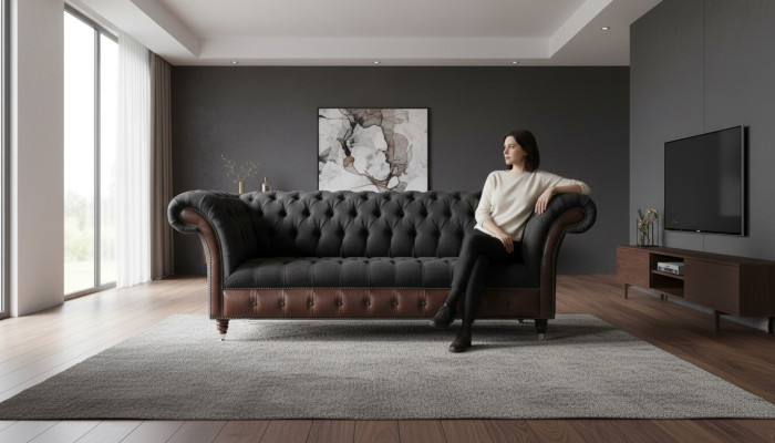 Chesterfield Schwarz Obývací pokoj Látkový design Pohovky Čalouněná pohovka Nová kožená pohovka