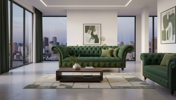 Chesterfield 3místná tmavě zelená obývací stolová část designu.