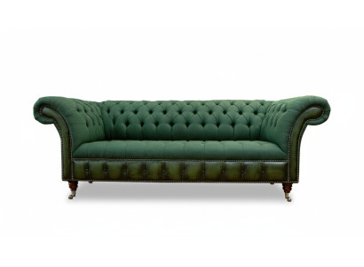 Chesterfield 3místná tmavě zelená obývací stolová část designu.