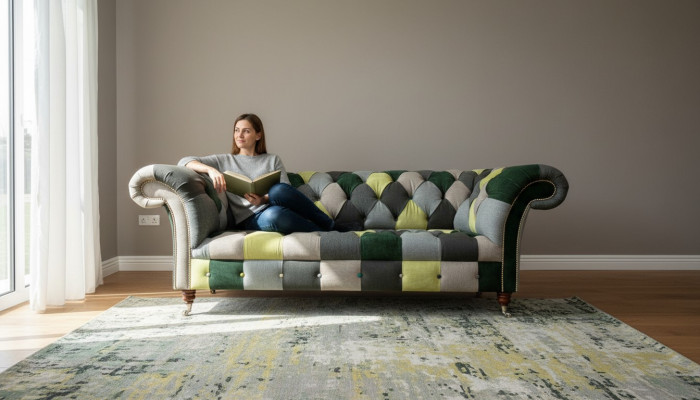 Chesterfield 3-sedadlová pohovka vícebarevného designu do obývacího pokoje, designový nábytek.