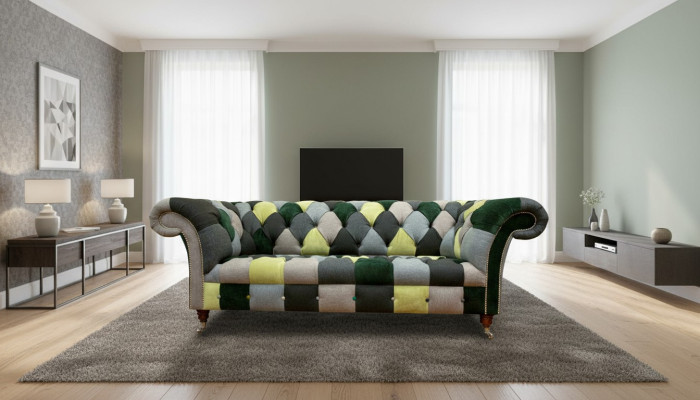 Chesterfield 3-sedadlová pohovka vícebarevného designu do obývacího pokoje, designový nábytek.