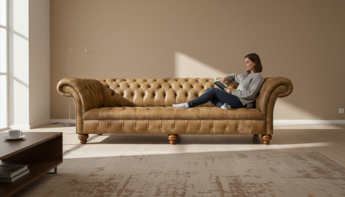 Chesterfield 4místná pohovka v světlé hnedé barvě moderního designu z kůže Kreativní nábytek.