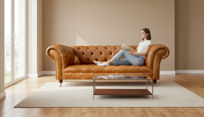 Chesterfield 3-místná pohovka v ořechově hnědém moderním designu z kůže Kreativní nábytek