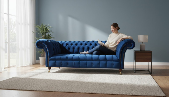 Chesterfield 3místná modrá designová pohovka potahovaná sametovou látkou luxusního materiálu
