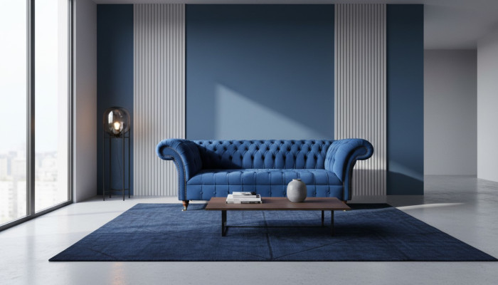 Chesterfield 3místná modrá designová pohovka potahovaná sametovou látkou luxusního materiálu