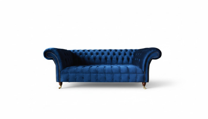 Chesterfield 3místná modrá designová pohovka potahovaná sametovou látkou luxusního materiálu