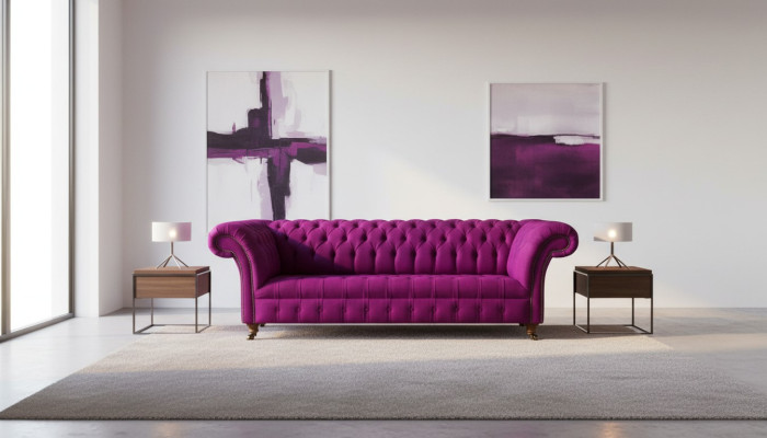 Chesterfield 3místná fialová látková designová pohovka se sedadly a novými kreativními pohovkami.