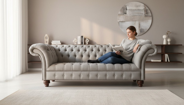 Chesterfield 3místná obývací souprava Moderní Světle Šedá Pohovka Nové Kreativní Tkaniny