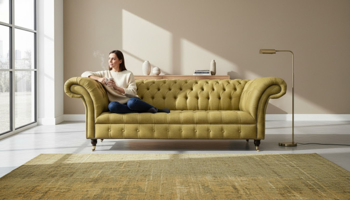 Chesterfield 3místná žlutá sedací souprava do obývacího pokoje Design Pohovky Pohovka Textilie