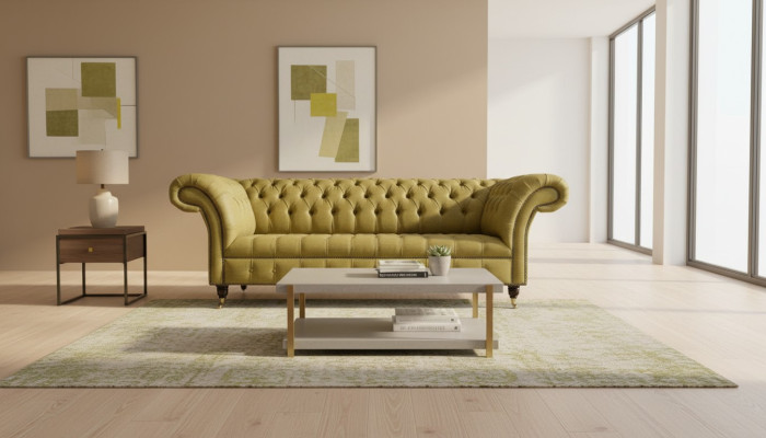 Chesterfield 3místná žlutá sedací souprava do obývacího pokoje Design Pohovky Pohovka Textilie