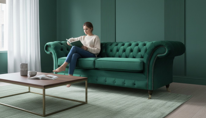 Chesterfield 3-místná zelená moderní designová pohovka pro obývací pokoj.