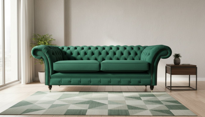 Chesterfield 3-místná zelená moderní designová pohovka pro obývací pokoj.