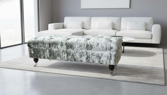 Chesterfield čalouněná taburetka šedá látka obývací pokoj design čalouněná pohovka nová textil.