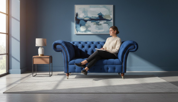 Chesterfield křeslo textilní látka modrá kreativní nábytek nový obývací pokoj luxus moderní