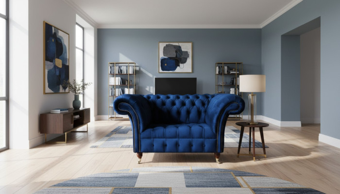 Chesterfield křeslo textilní látka modrá kreativní nábytek nový obývací pokoj luxus moderní