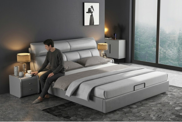 Graues Designer Bett Schlafzimmer Betten Textil Leder Hotel Polster