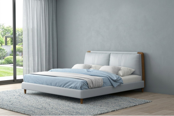 Moderní manželská postel 180x200 v bílém koženém designu na dřevěných nohách
