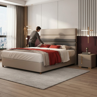 Kožená postel s polstrováním, dvojlůžko, lůžka, hotel, luxusní design, manželská poste, ložnice, béžová.