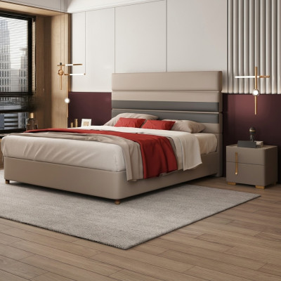 Kožená postel s polstrováním, dvojlůžko, lůžka, hotel, luxusní design, manželská poste, ložnice, béžová.