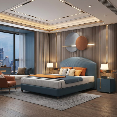 Postel polštář design luxusní kovová manželská lůžka ložnice modrá