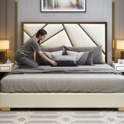 Bett Polster Design Luxus Doppel Hotel Betten Schlaf Zimmer Deko Leder Neu