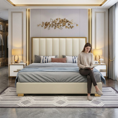 Postel Postele Dřevo Kůže Potah Manželství Design Kůže Hotel Boxspring Nábytek