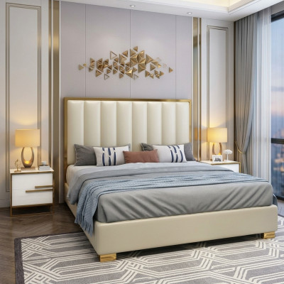 Postel Postele Dřevo Kůže Potah Manželství Design Kůže Hotel Boxspring Nábytek