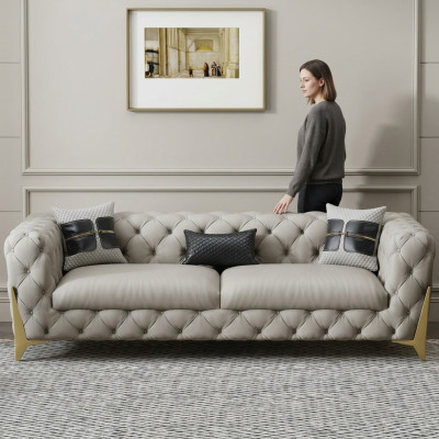 Couch Samt Leder Wohnzimmer Sofa Couchen Chesterfield 3-er Dreisitzer