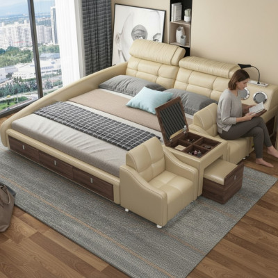 Lůžko z masivního dřeva s polstrováním, manželská postel s multifunkčností 180x200, rámování postele z kůže, design.