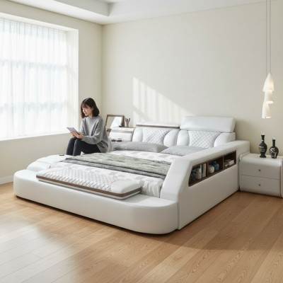 Luxus Bett Bett Leder Betten 180x200 Multifunktion Schlafzimmer Liege Regale