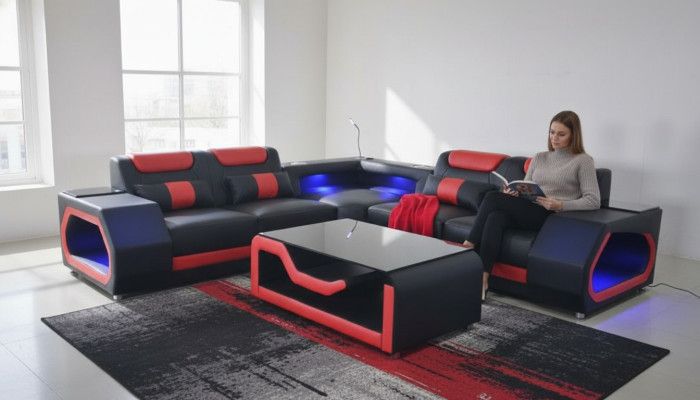 Wohnzimmer Ecksofa L-Form Leder Holz Modernes Design Polsterung Couch Neu