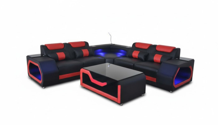 Wohnzimmer Ecksofa L-Form Leder Holz Modernes Design Polsterung Couch Neu