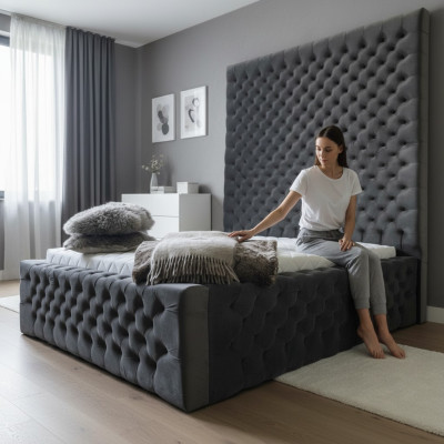 Designer Moderní Chesterfield postel v moderním luxusním stylu s vysokou hlavovou částí