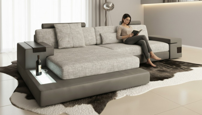 Design Sofa Couch Ecke Polstermöbel Wohnzimmer LForm Modern Elegant Textil Stoff