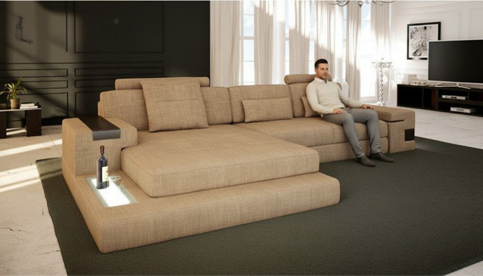 Design Moderní Pohovka Tkanina Hnědá Rozkládací Přihrádka Rozvržení Pohovky Roh Nový